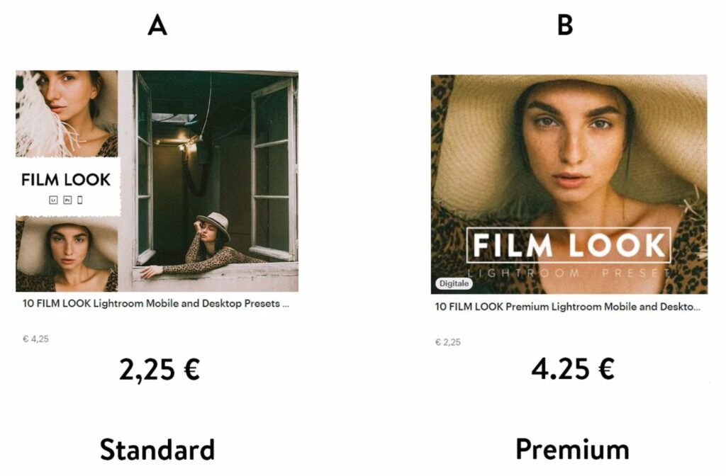 A/B Test sulle copertine dei preset fotografici da vendere su Etsy tramite Ads