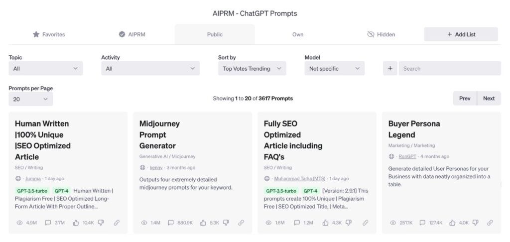 AIPRM - ChatGPT Prompts: estensione di Google Chrome per ottenere una serie di prompt ChatGPT già preimpostati