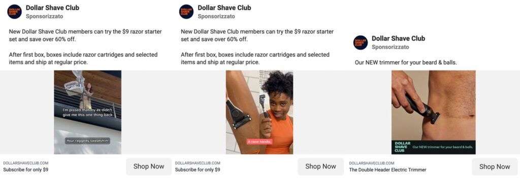 Esempi di annunci di Facebook advertising di Dollar Shave Club