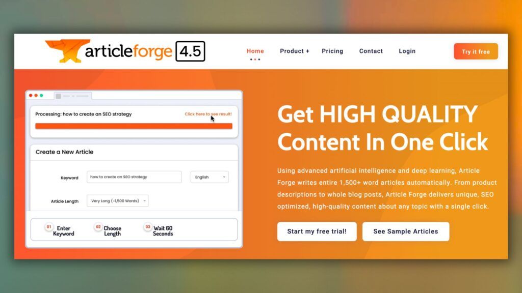 Article Forge è un tool di AI copywriting con cui è possibile realizzare bozze di testi di alta qualità, anche in italiano