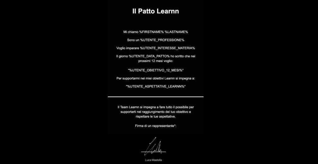 Attestato patto Learnn ottenuto tramite ManyChat