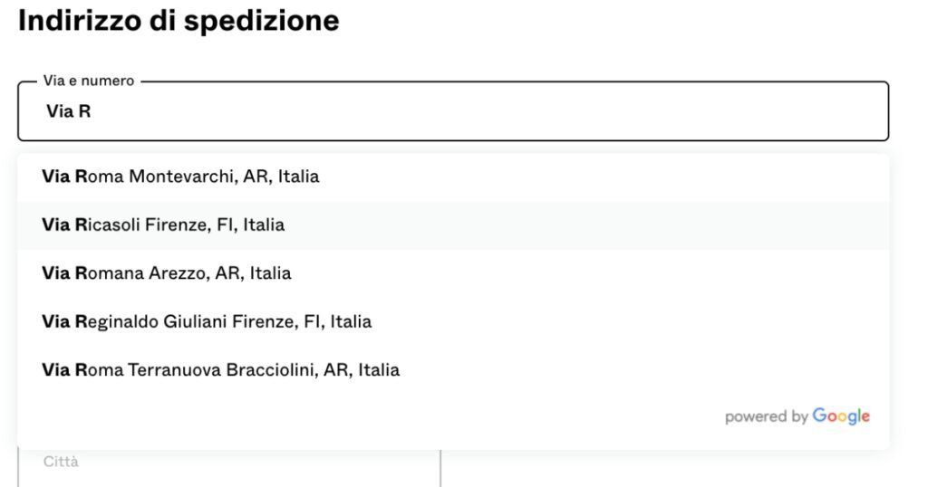Autocompilazione dell'indirizzo di spedizione