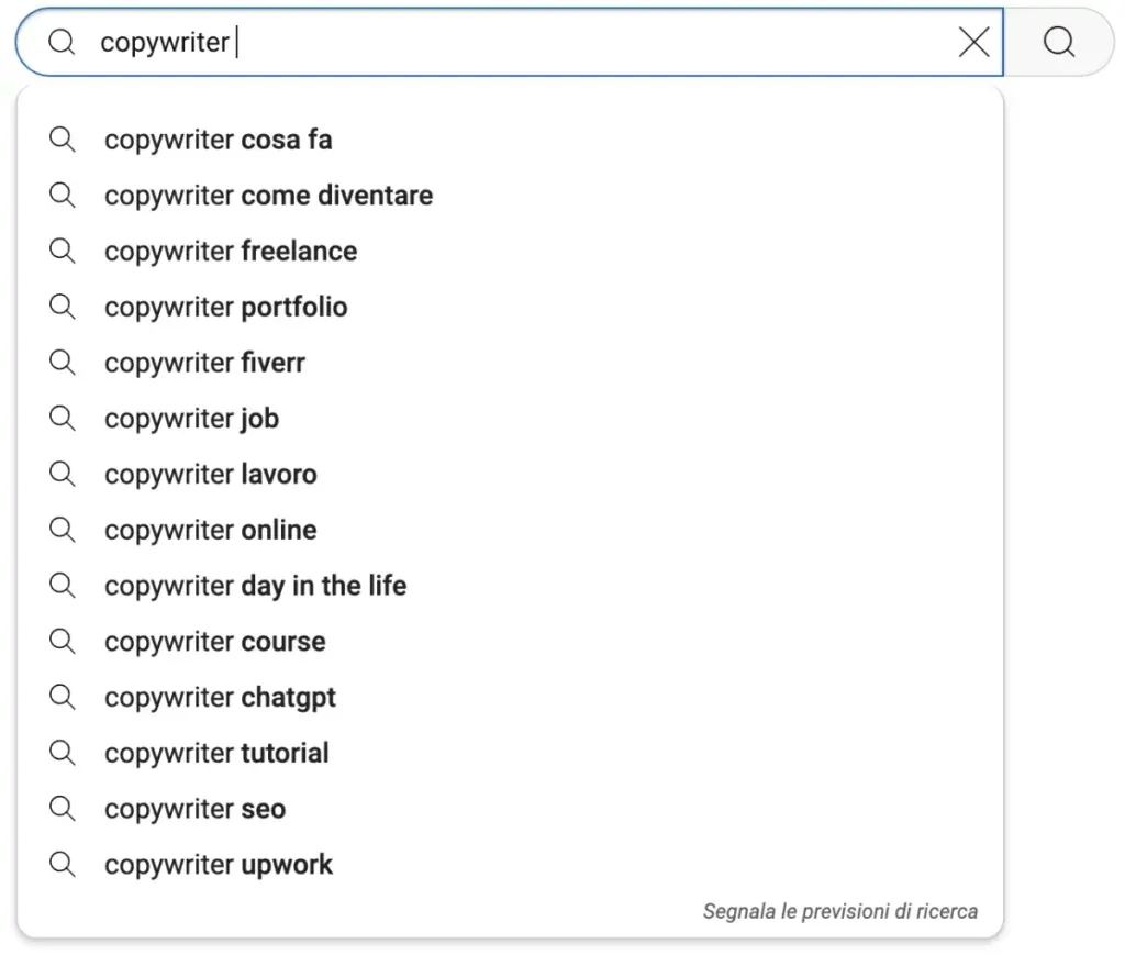 Esempio di autocompletamento dei suggerimenti nella barra di ricerca di YouTube