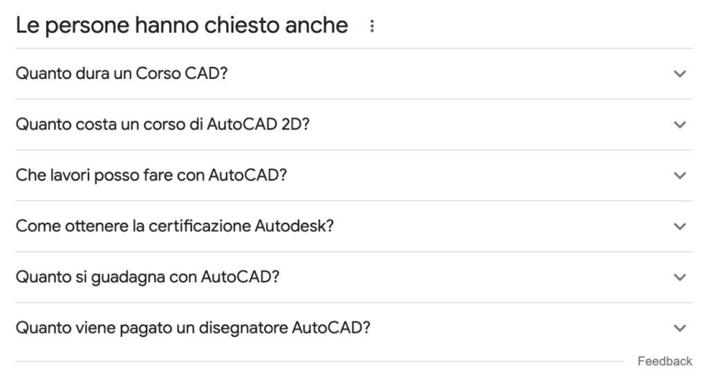Screenshot del box domande di Google