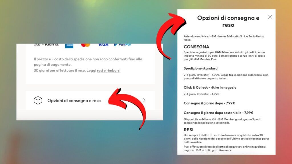 Box informazioni sui empi di spedizione su H&