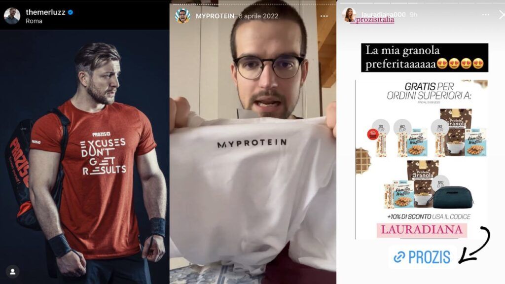 Esempi di influencer marketing e brand ambassador di Prozis, brand di integratori e pasti per sportivi