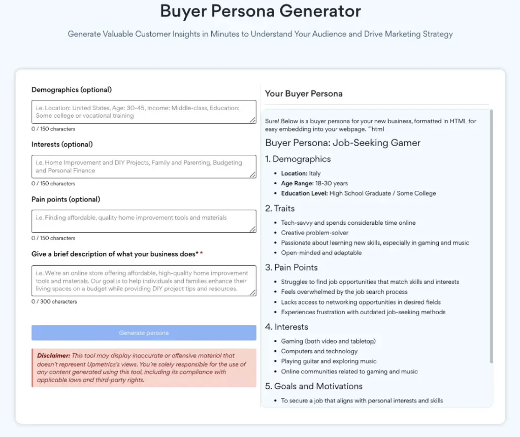 Upmetrics generatore di buyer persona