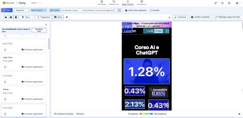 Esempio d’uso delle mappe termiche di Clarity su una pagina corso di Learnn