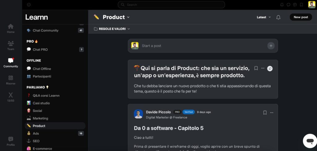 Screenshot della community di Learnn all'interno della piattaforma
