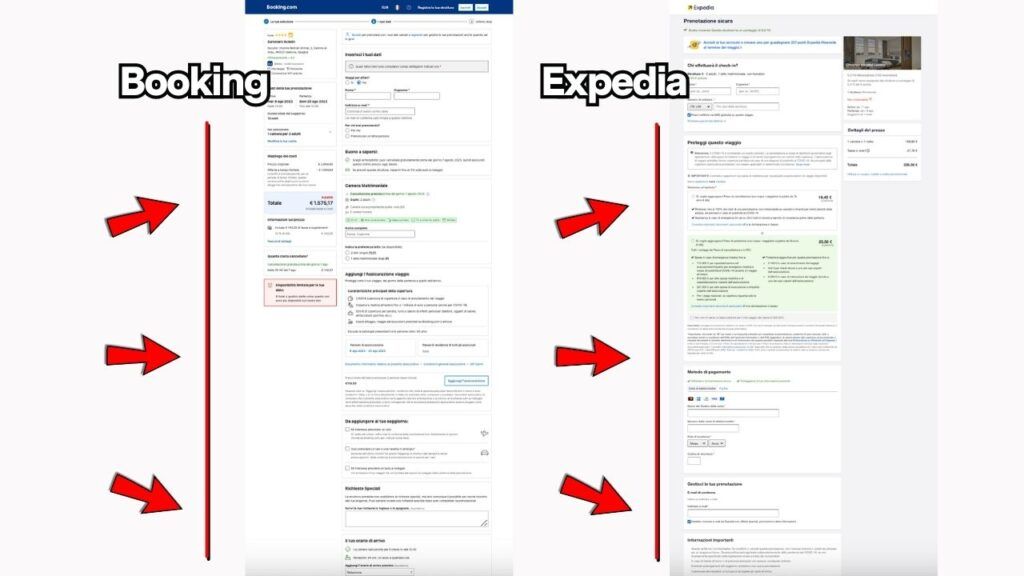 Confronto fase di checkout tra Booking ed Expedia: entrambe hanno troppo testo, confusionario, poco rivolto alla user experience