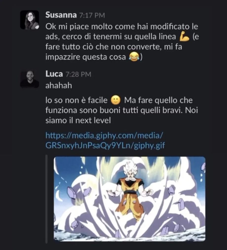Conversazione su Slack tra Luca Mastella e Susanna Rosa