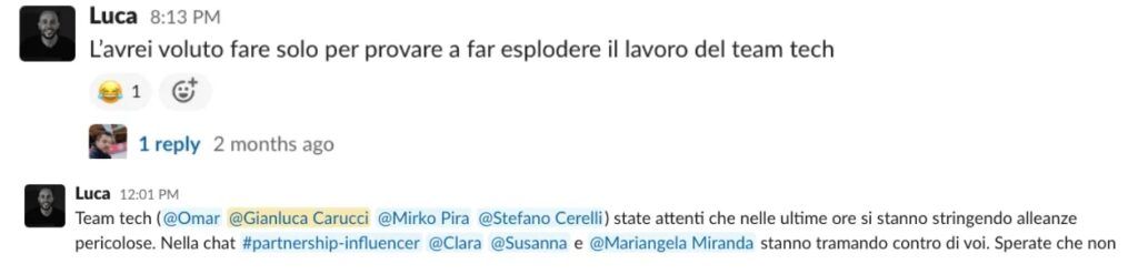Conversazioni del team tech di Learnn su Slack