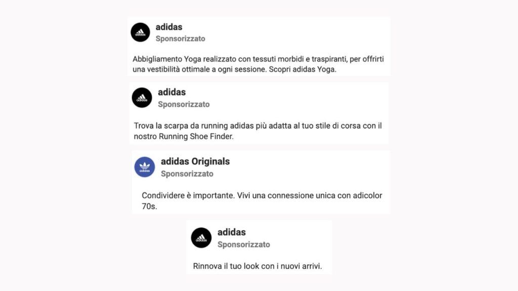 Copy advertising del brand sportivo Adidas