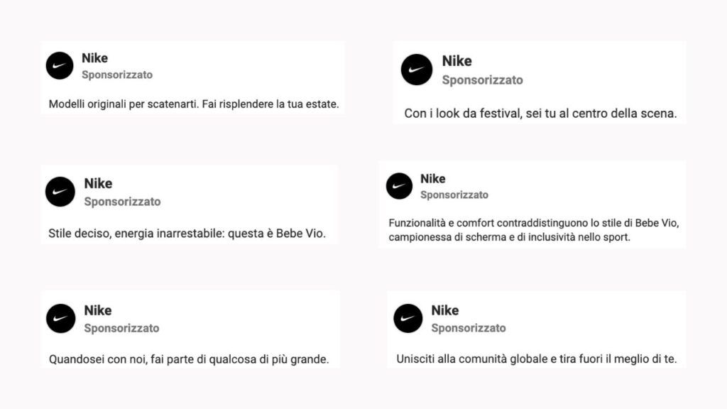 Copy advertising del brand sportivo Nike
