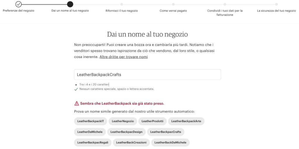 Fase del naming del negozio Etsy