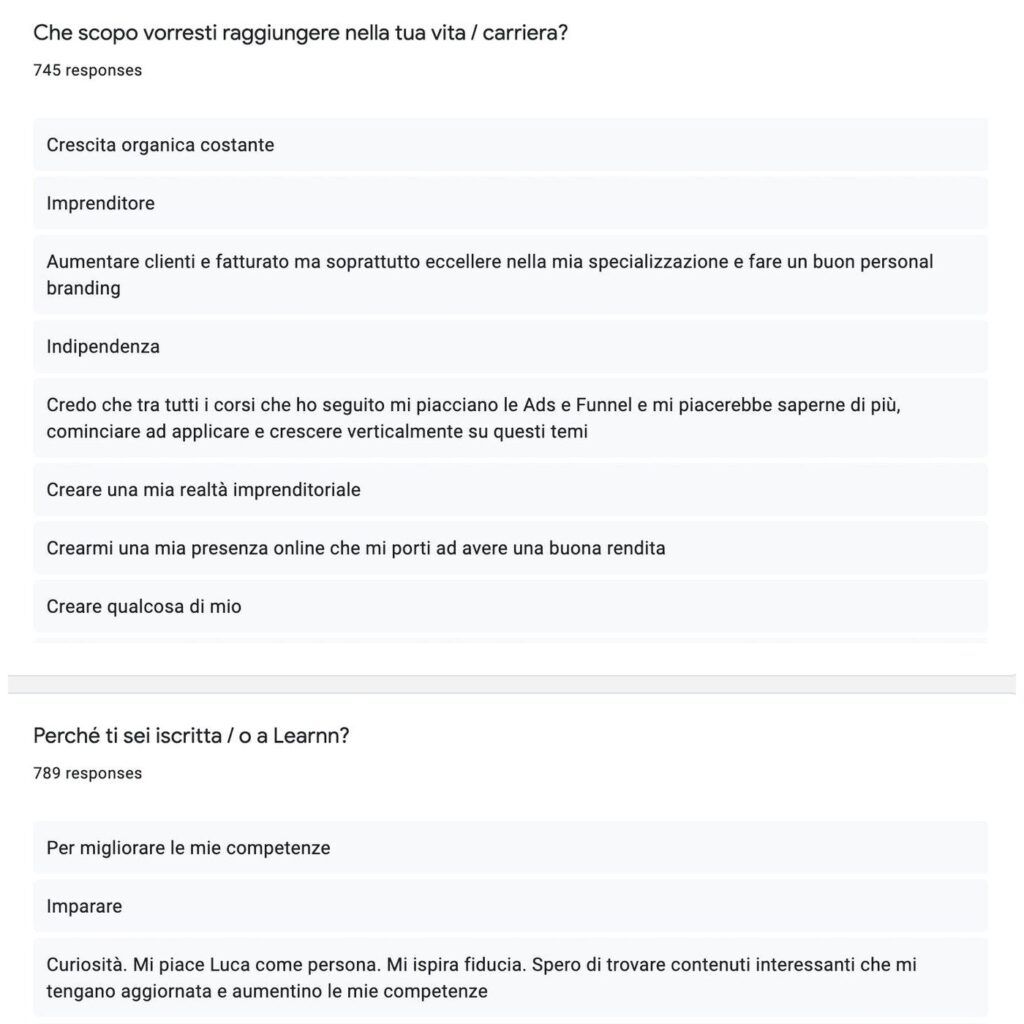 Domande poste agli utenti Learnn in fase beta per capire cosa si aspettano dalla piattaforma