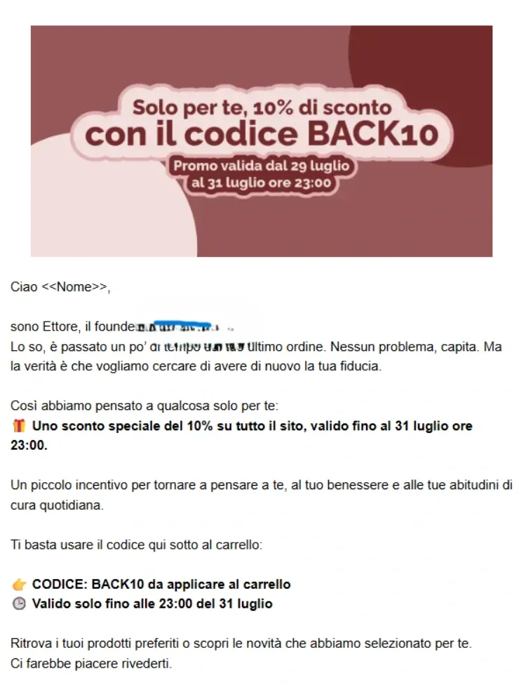 E-mail di apertura con presentazione founder