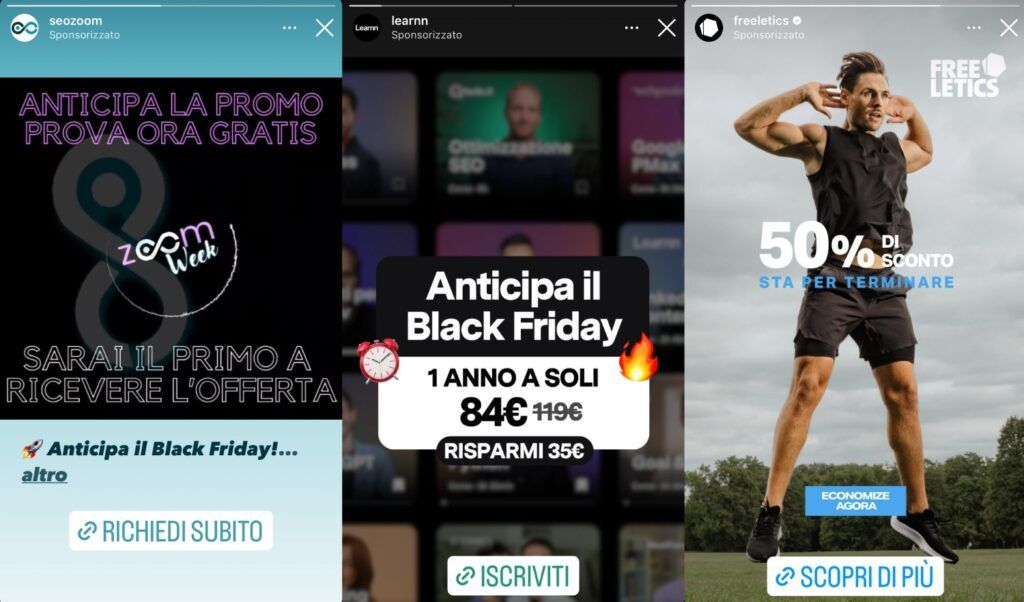 Esempi di annunci pubblicitari social per il Black Friday: Seozoom, Learnn, Freeletics