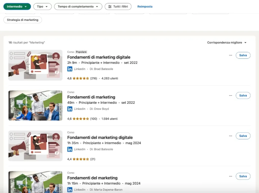 Esempi di corsi presenti su LinkedIn Learning