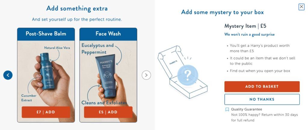 Esempi di cross selling durante l'attivazione del subscription model di Harry's