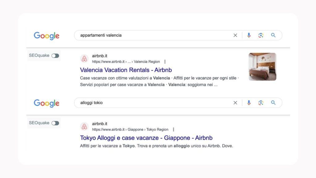 Esempi di risultati di ricerca di Airbnb