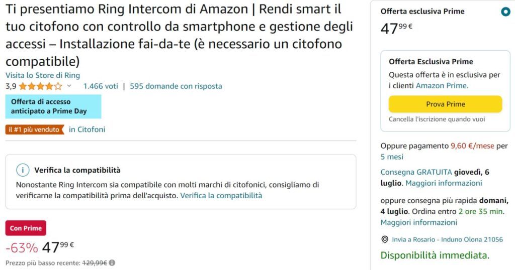 Esempio di prodotto con accesso anticipato con Amazon Prime