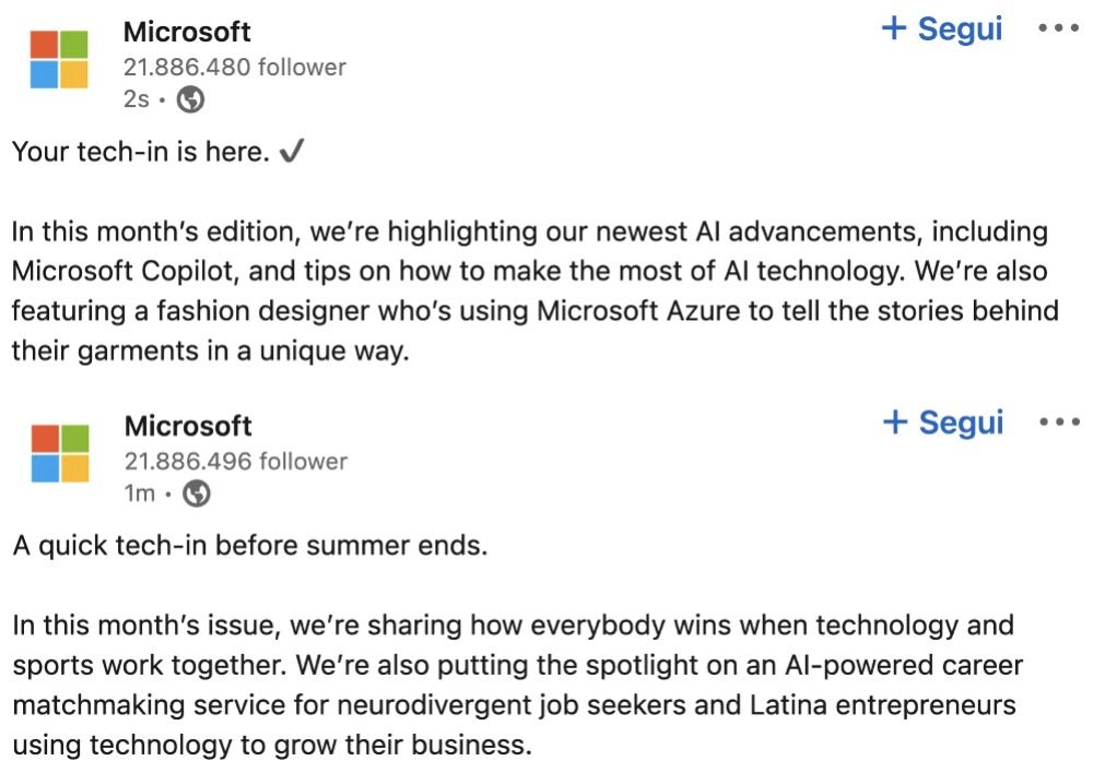 Esempio di copy di un contenuto LinkedIn di Microsoft