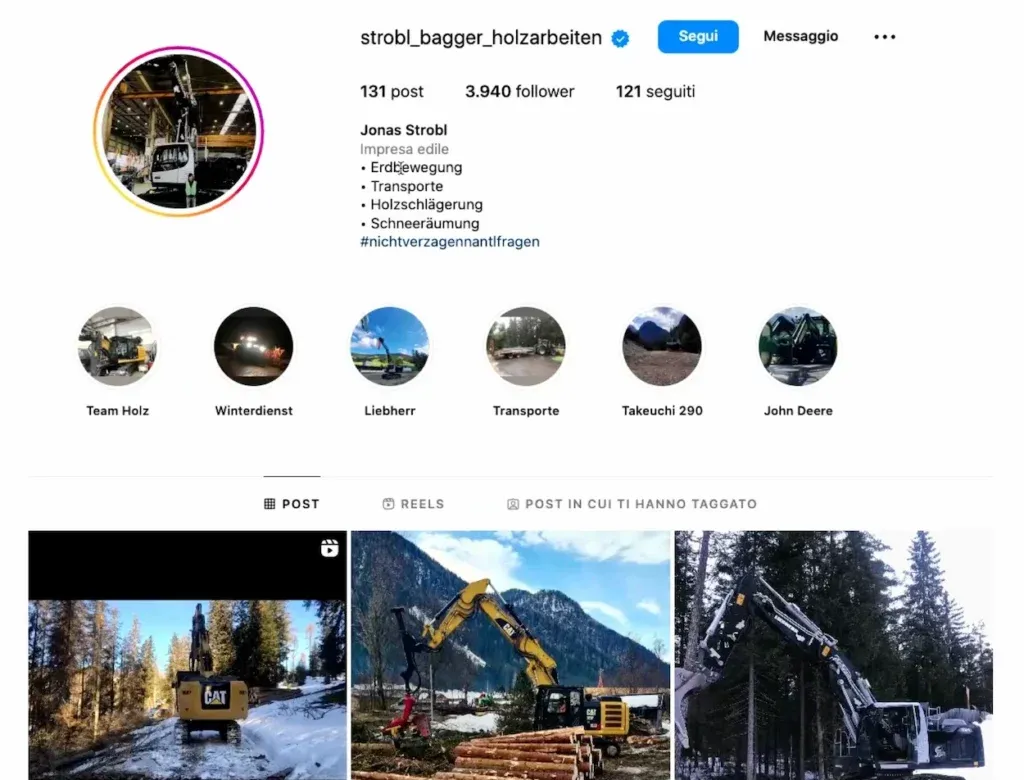Esempio di analisi del target condotta su una pagina Instagram che usa macchinari Caterpillar