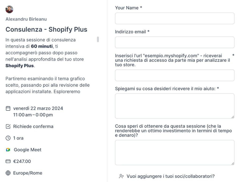 Esempio di prenotazione servizio su Learnn Expert