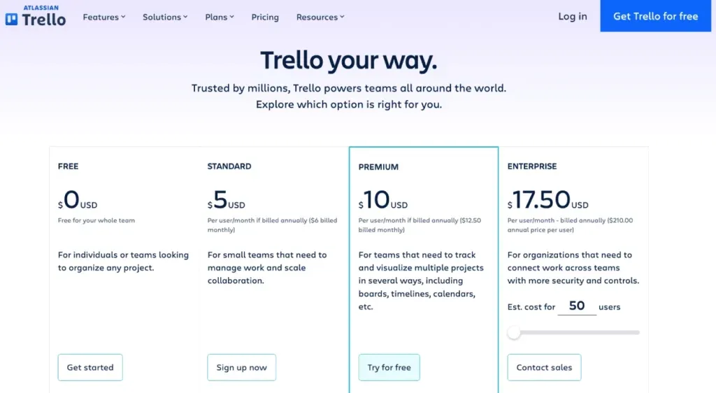 Trasparenza sui prezzi di Atlassian: esempio di pagina pricing Trello