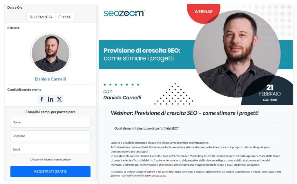 Esempio di webinar live di SEOZoom come lead magnet