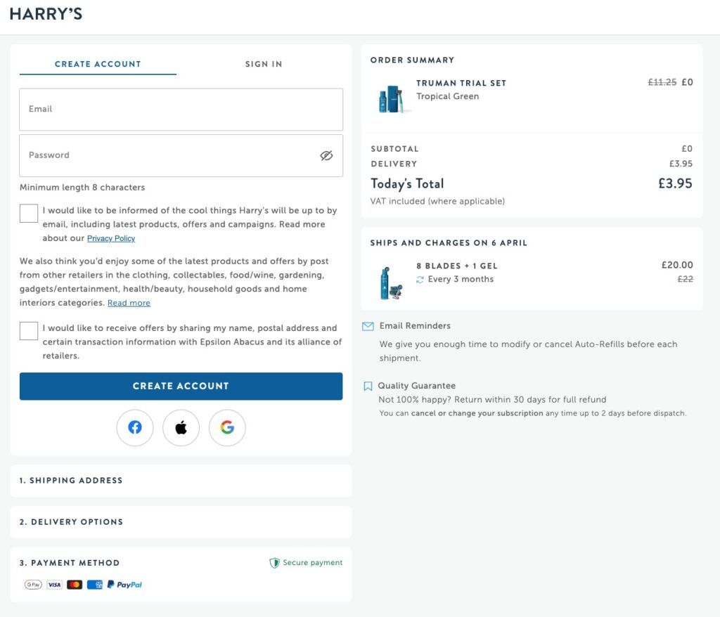 Fase di checkout sul sito di Harry's