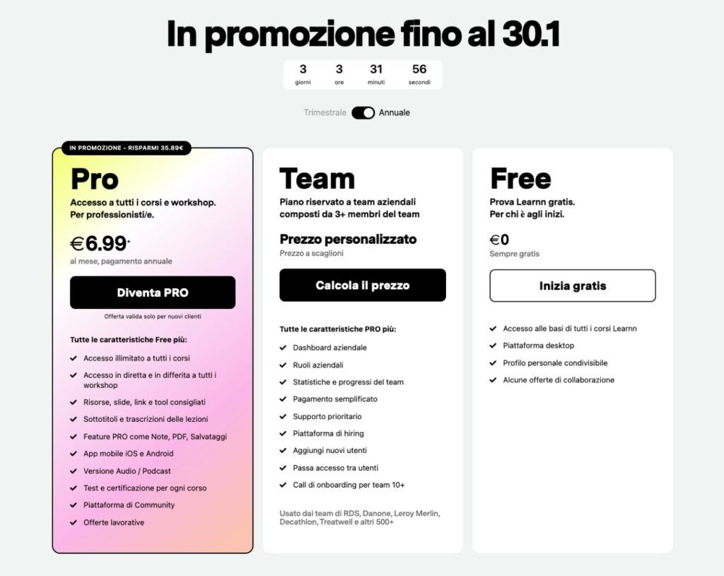 Il modello freemium di Learnn inizia con la scelta del piano Free