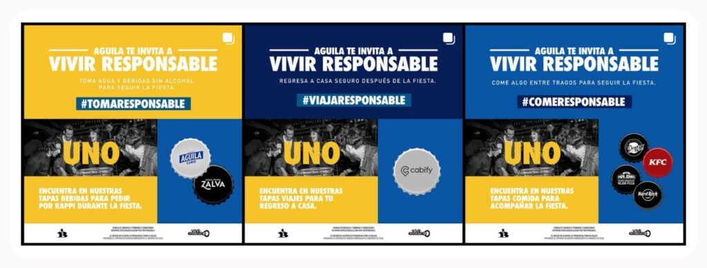 Screenshot del feed Instagram di Aguila, in cui si vedono i colori principali del brand: giallo, blu, rosso