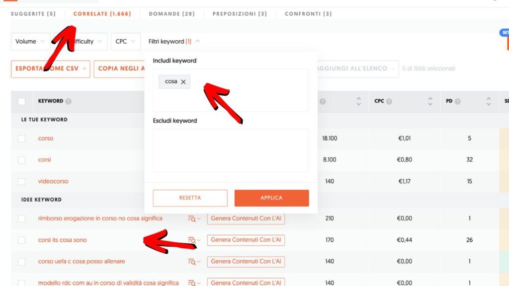 Utilizzo dei filtri keyword su Ubersuggest