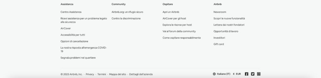 Footer nella pagina dell'alloggio su Airbnb
