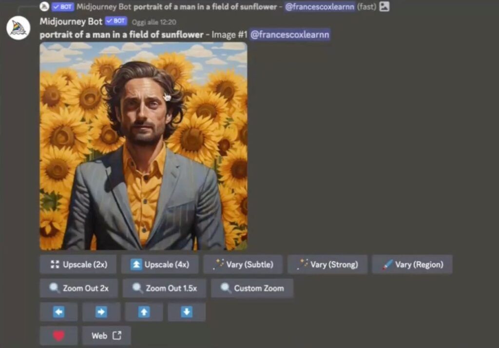 Esempio di applicazione funzione upscale su Midjourney