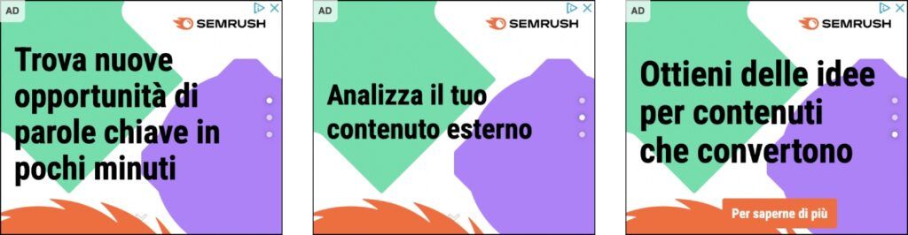 Campagna Display Google Ads di SemRush in 3 slide