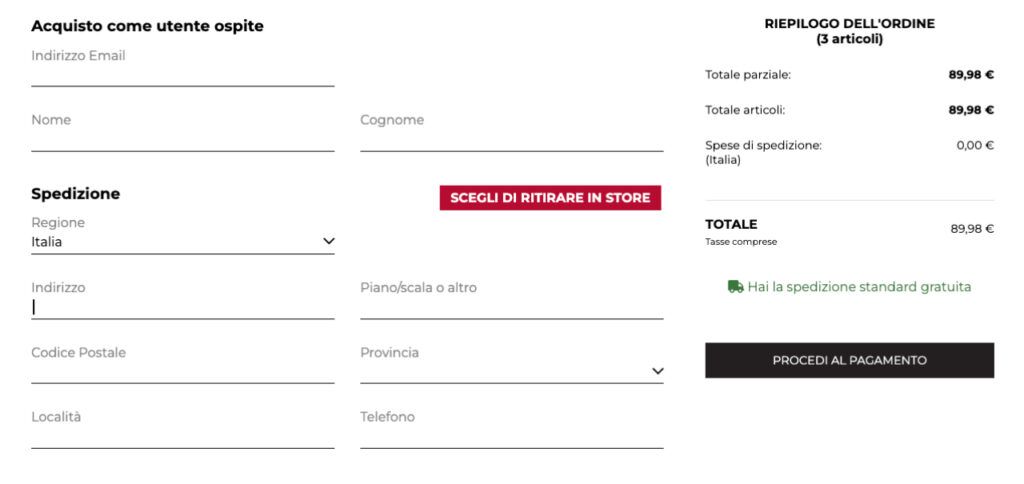 Fase di spedizione nel guest checkout di Cotton&Silk