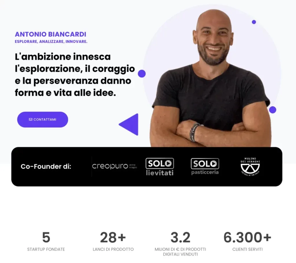Header e risultati di Antonio Biancardi mostrati nella sua landing page
