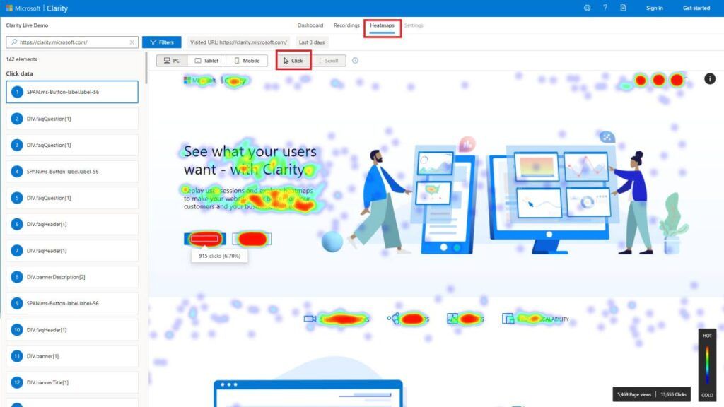Esempio di heatmap di Microsoft Clarity