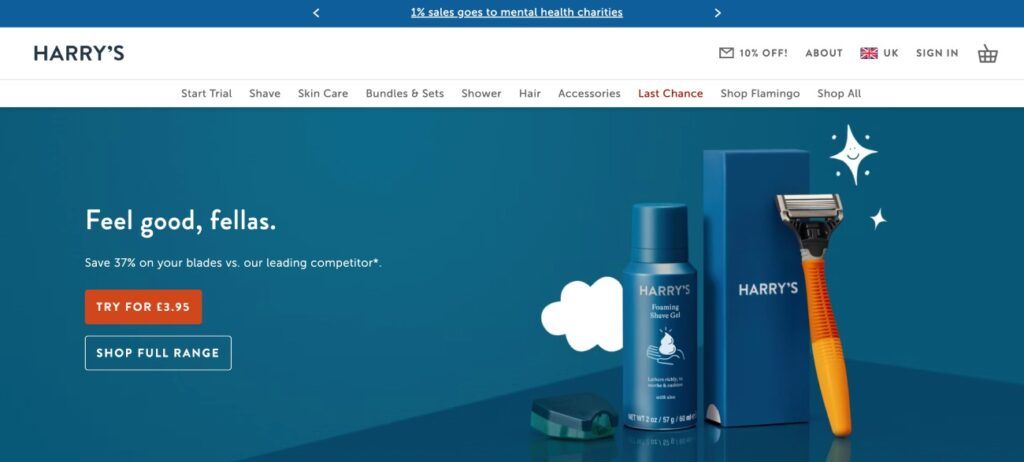 Homepage di Harry's con CTA per la prova gratuita