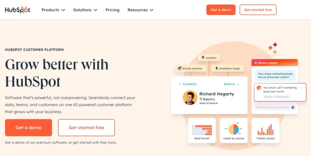 Screenshot homepage di HubSpot