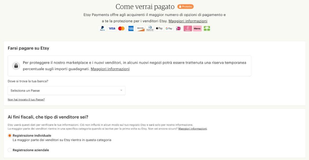 Impostazioni di pagamento per store Etsy