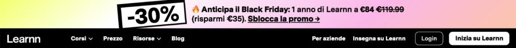 Banner sul sito di Learnn per la promozione del Black Friday