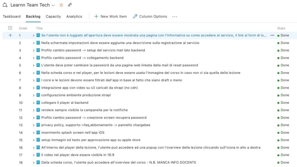 Asset tecnologici: sprint backlog del team tech di Learnn