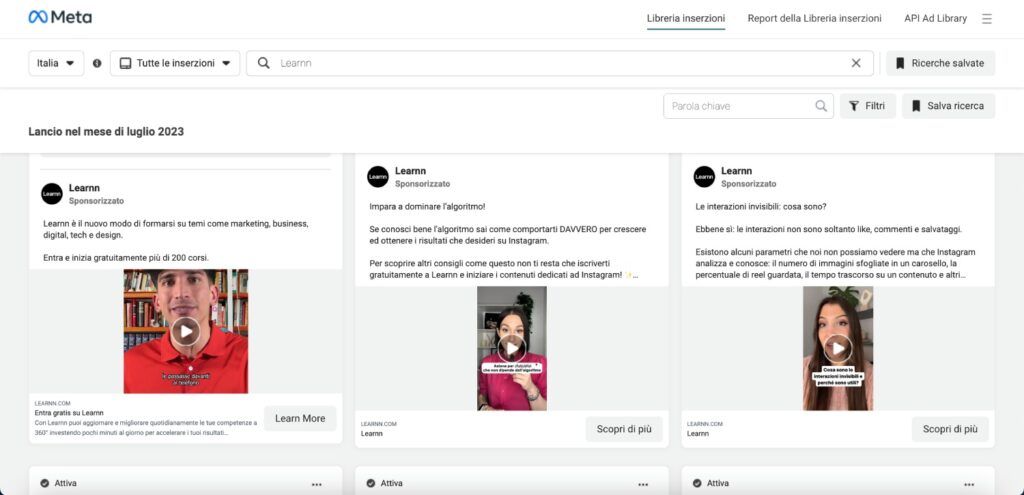 Screenshot della Libreria inserzioni di Meta Ads che mostra alcuni annunci pubblicitari di Learnn