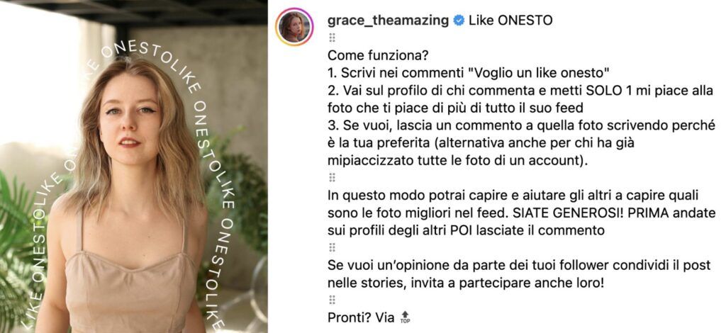 Screenshot di un post Instagram di Grace The Amazing in cui utilizza il format
