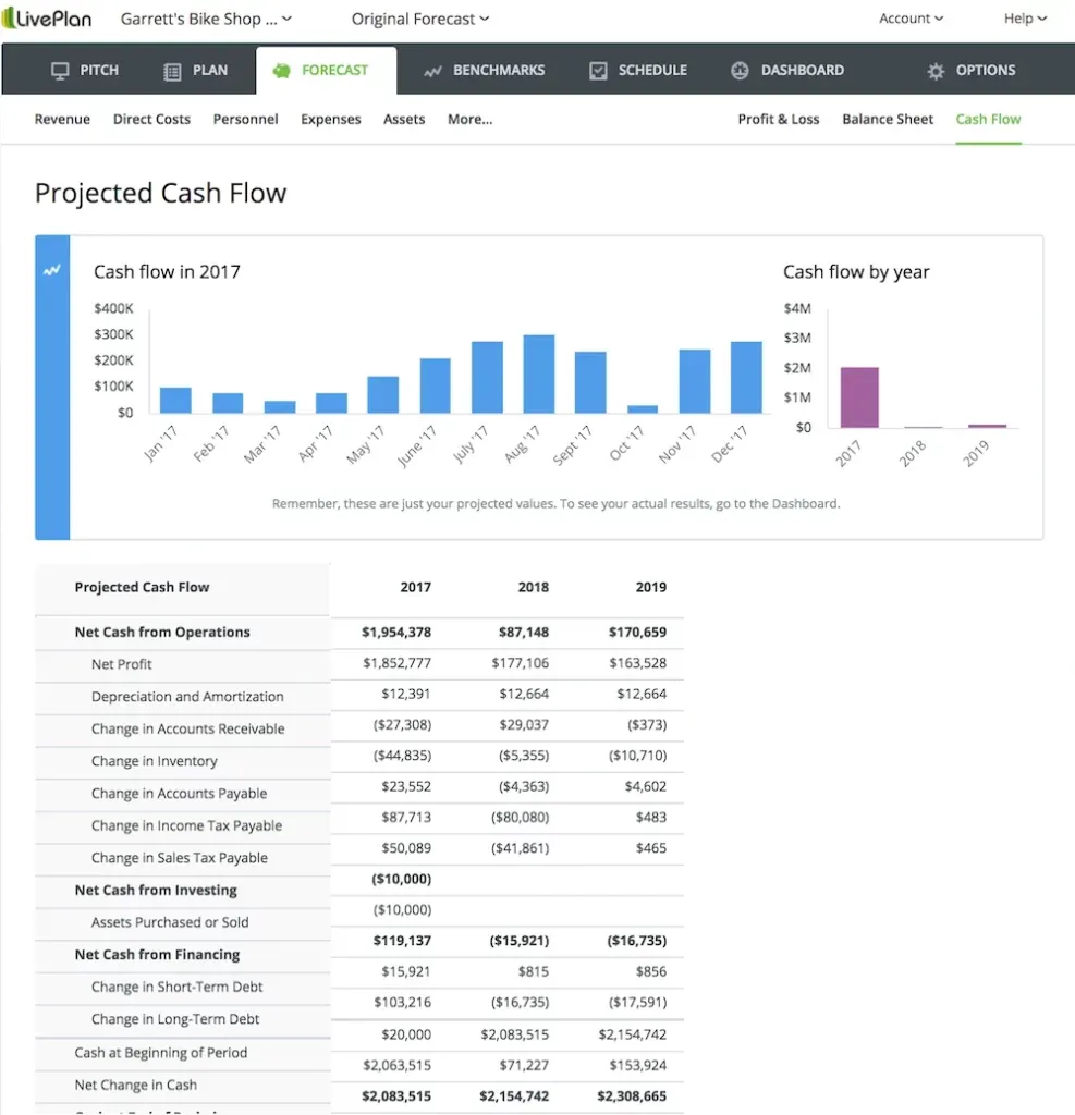 Esempio Cash Flow su LivePlan