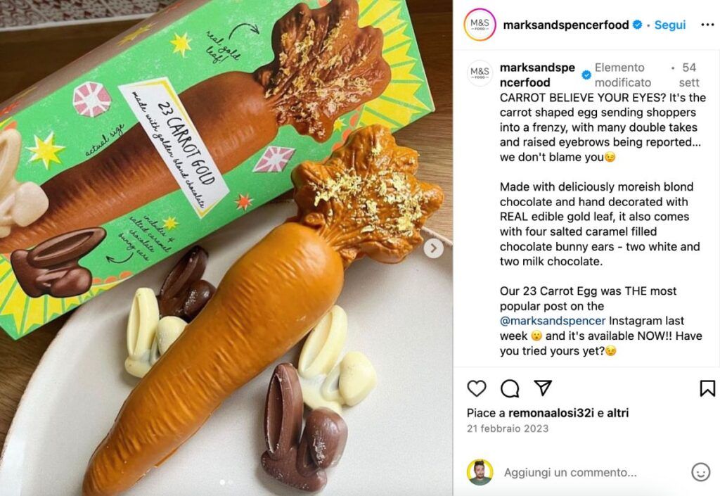 Uovo di Pasqua a forma di carota con foglia d’oro commestibile di M&S Food